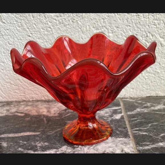 Other - Vintage Glass Amberina Red Yellow 9 Petal Pedestal Compote/Bon Bon Candy Bowl.
